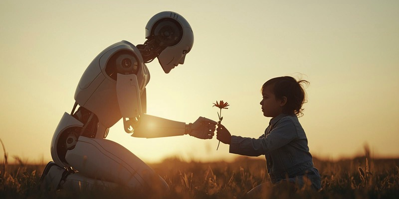 un bambino dona un fiore a un robot con intelligenza artificiale